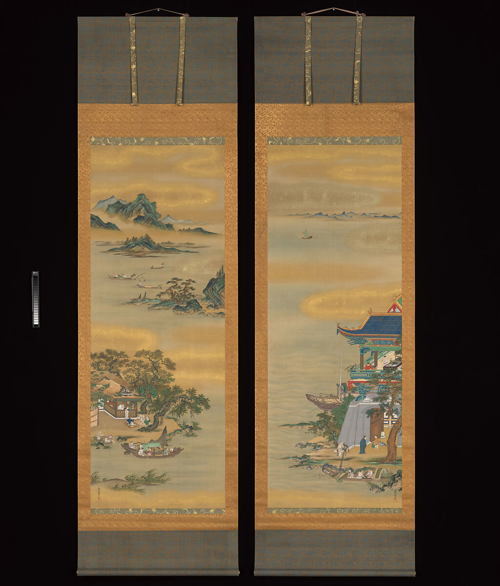 Yueyang Pavilion, Kanō Isen’in Naganobu 狩野伊川院栄信 (Japanese, 1775–1828), Pair of hanging scrolls; ink and color on silk, Japan