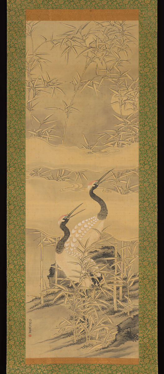 Pair of Cranes in Bamboo Grove, Tanomura Chikuden 田能村竹田 (Japanese, 1777–1835), Hanging scroll; ink and color on silk, Japan 