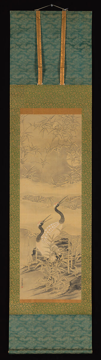 Pair of Cranes in Bamboo Grove, Tanomura Chikuden 田能村竹田 (Japanese, 1777–1835), Hanging scroll; ink and color on silk, Japan