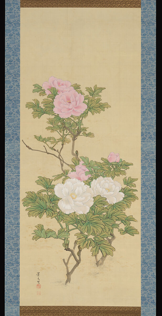Tree Peonies and Chinese Poem on Peonies, Painting by Matsumura Keibun (Japanese, 1779–1843), Pair of hanging scrolls;  ink and color on silk, Japan