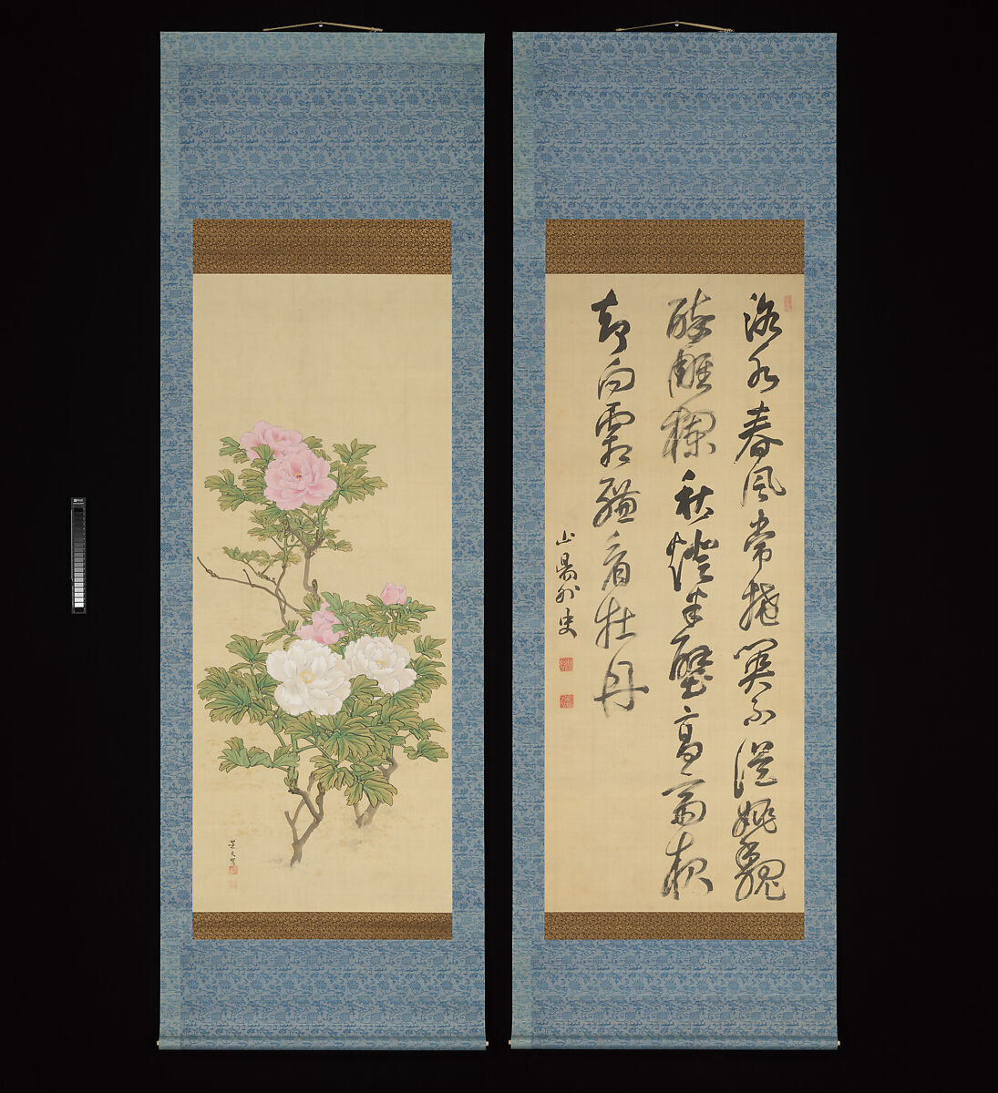 Tree Peonies and Chinese Poem on Peonies, Painting by Matsumura Keibun (Japanese, 1779–1843), Pair of hanging scrolls;  ink and color on silk, Japan