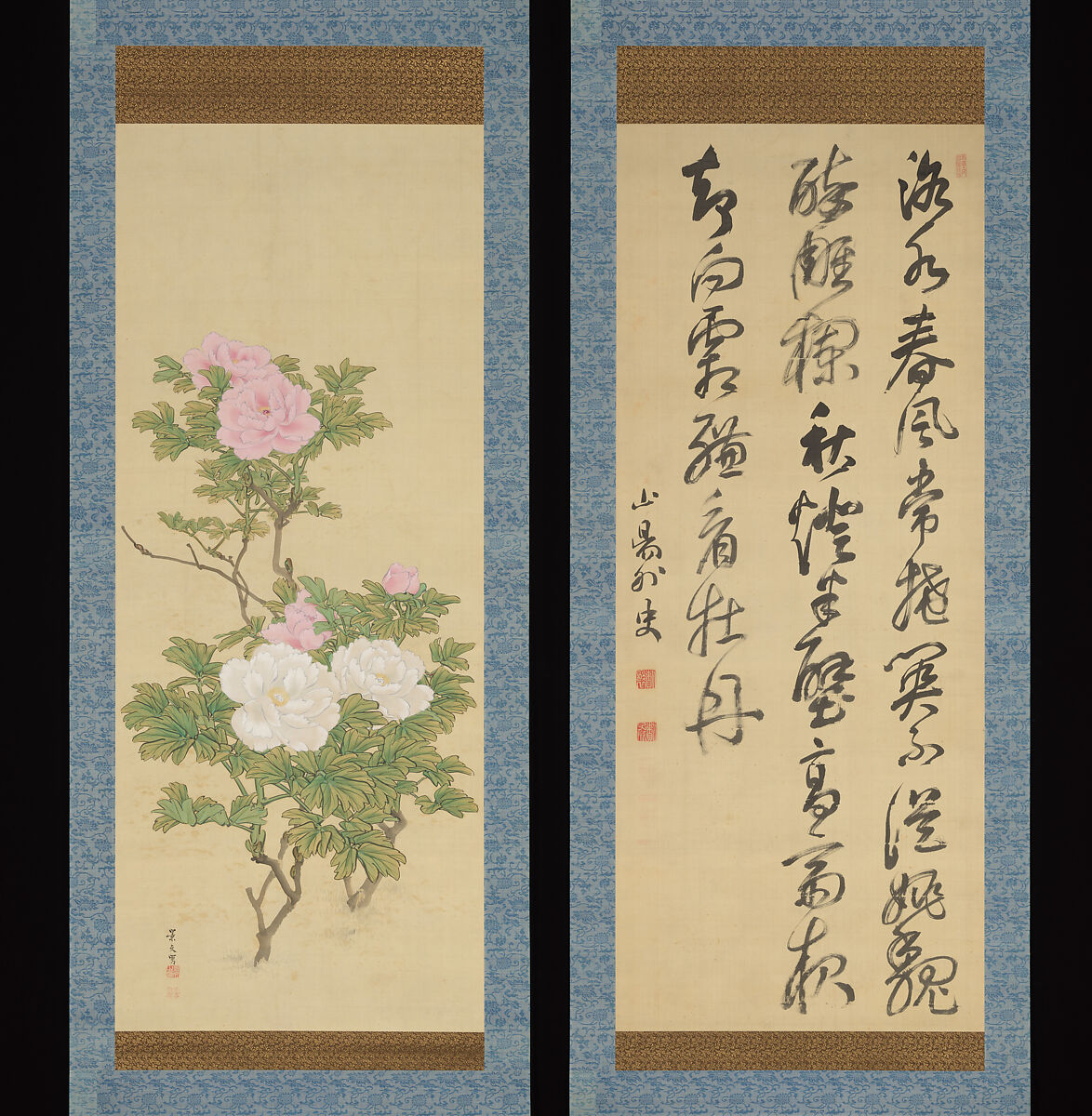 Peonies/Seven-Character Quatrain, Calligraphy by Rai San’yō 頼山陽 (Japanese, 1780–1832), Pair of hanging scrolls;  ink and color on silk, Japan 