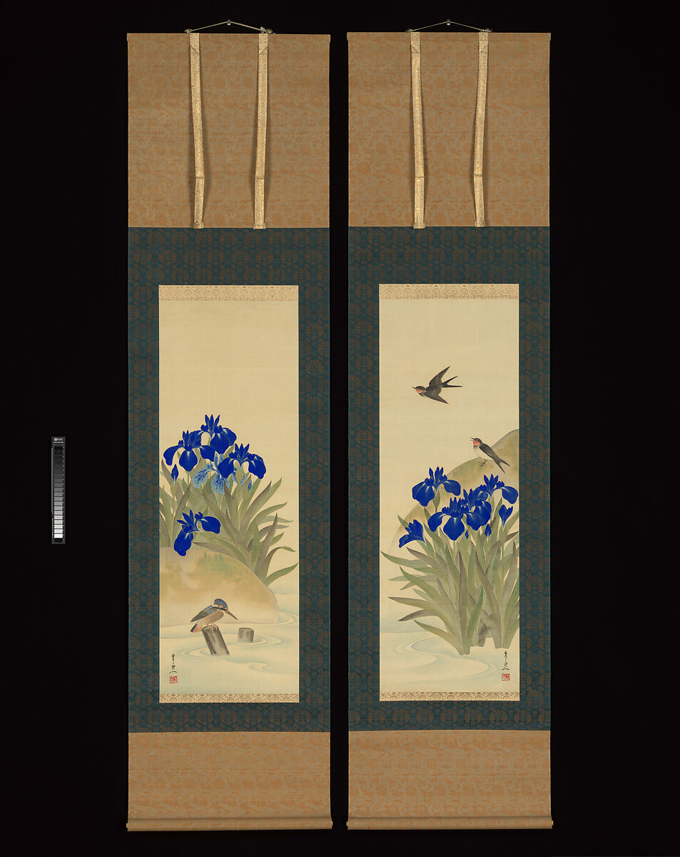 Irises, Suzuki Kiitsu 鈴木基一 (Japanese, 1796–1858), Diptych of hanging scrolls; ink and color on silk, Japan