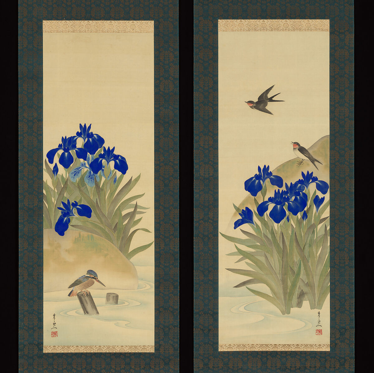 Irises, Suzuki Kiitsu 鈴木基一 (Japanese, 1796–1858), Diptych of hanging scrolls; ink and color on silk, Japan 