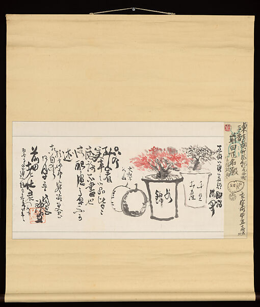 “Rubble of writing” (Moji gareki), a letter to Baron Maeda Masana, Tomioka Tessai (Japanese, 1836–1924), Letter mounted as a hanging scroll: ink and color on paper, Japan