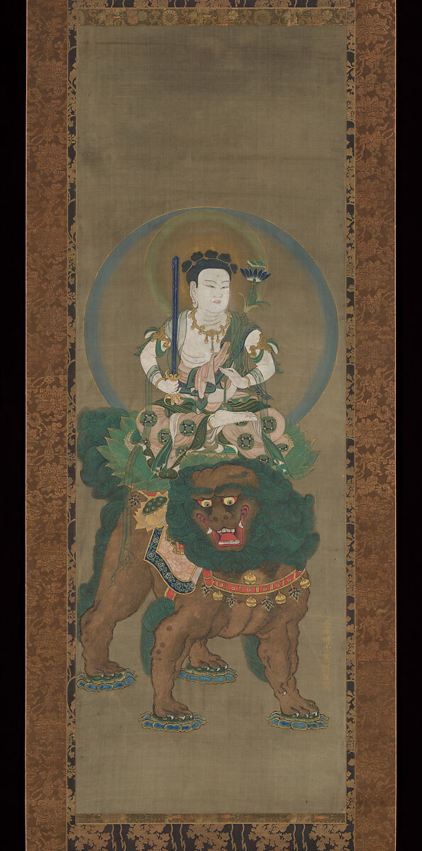 The Bodhisattva Five-Topknot Monju (Manjushri) (Gokei Monju Bosatsu zō), Unidentified artist, Hanging scroll; ink, color, gofun, gold pigment, and kirikane (cut gold leaf) on silk, Japan 