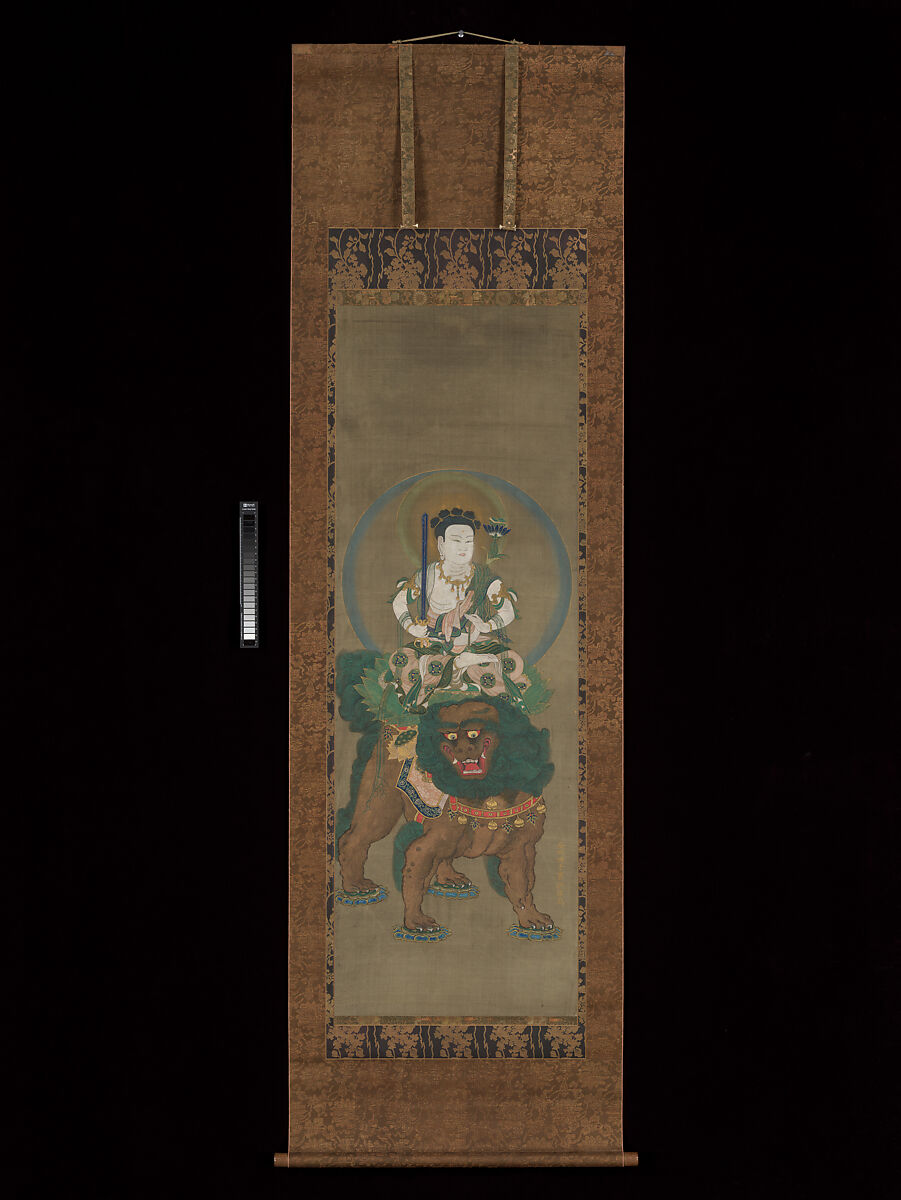 The Bodhisattva Five-Topknot Monju (Manjushri) (Gokei Monju Bosatsu zō), Unidentified artist, Hanging scroll; ink, color, gofun, gold pigment, and kirikane (cut gold leaf) on silk, Japan