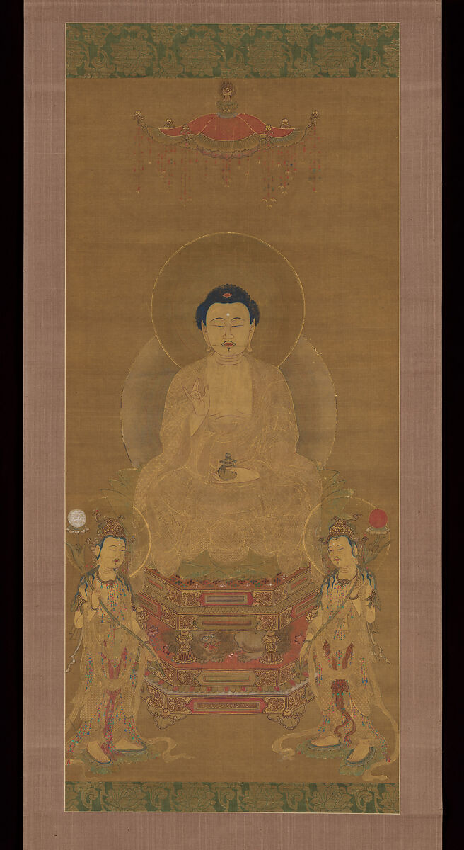 Triad of the Medicine Master Buddha Yakushi (Bhaisajya Buddha), Unidentified artist, Hanging scroll; ink, color, metallic paint, and kirikane (cut gold) on silk, Japan 