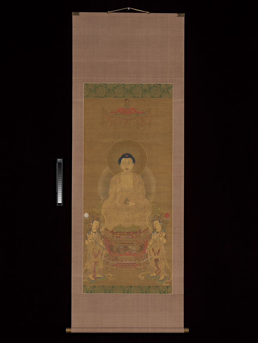 Triad of the Medicine Master Buddha Yakushi (Bhaisajya Buddha), Unidentified artist, Hanging scroll; ink, color, metallic paint, and kirikane (cut gold) on silk, Japan