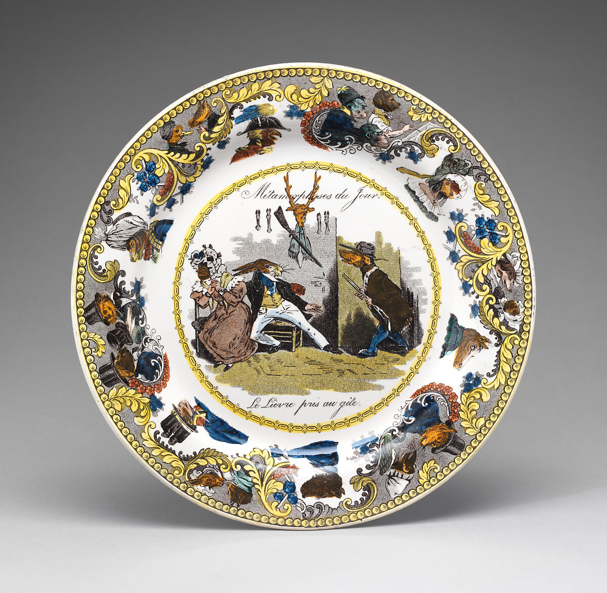 Plate with a scene from Métamorphoses du Jour (plate 3), Creil (French, 1797–1895), Glazed earthenware with transfer-printed decoration, French, Creil 