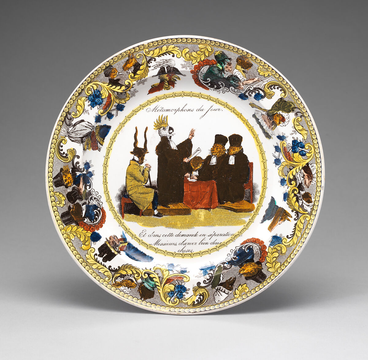 Plate with a scene from Métamorphoses du Jour (plate 37), Creil (French, 1797–1895), Glazed earthenware with transfer-printed decoration, French, Creil 