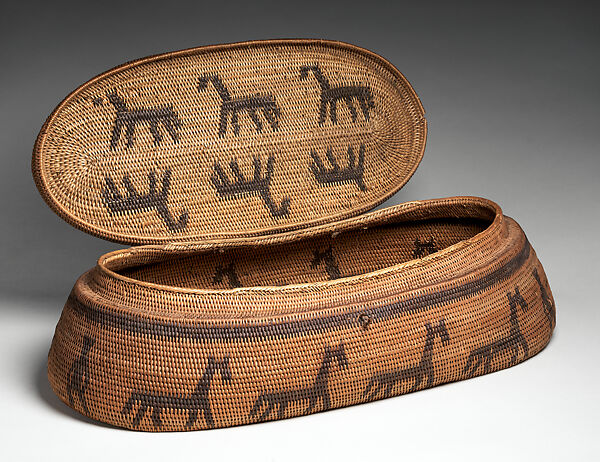 Lidded basket, Lozi artist, Makenge root fiber, pigment, Lozi
