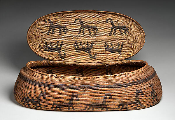 Lidded basket, Lozi artist, Makenge root fiber, pigment, Lozi