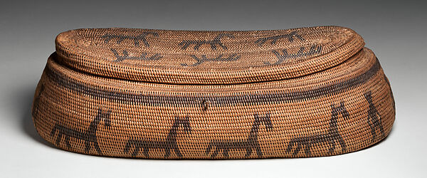 Lidded basket, Lozi artist, Makenge root fiber, pigment, Lozi