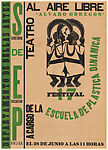 Poster advertising a festival (28 June) led by the School of Dance (Escuela de Plastica Dinamica) in the open air theatre 'Alvaro Obregón', Mexico City, sponsored by the Department of Fine Arts and the Secretariat of Public Education; image of two indigenous dancers