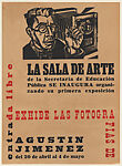 Poster advertising an exhibition (20 April–4 May) of photographs by Mexican photographer Agustín Jiménez, woodcut image of the artist next to his camera