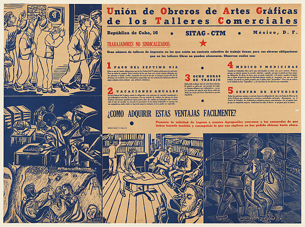 Poster relating to union demands for graphic art workers employed by commercial workshops, Everardo Ramírez (Mexican, Coyoacán 1906–1992 Mexico City), Woodcut, linocut, letterpress, in blue and red, backed with linen 