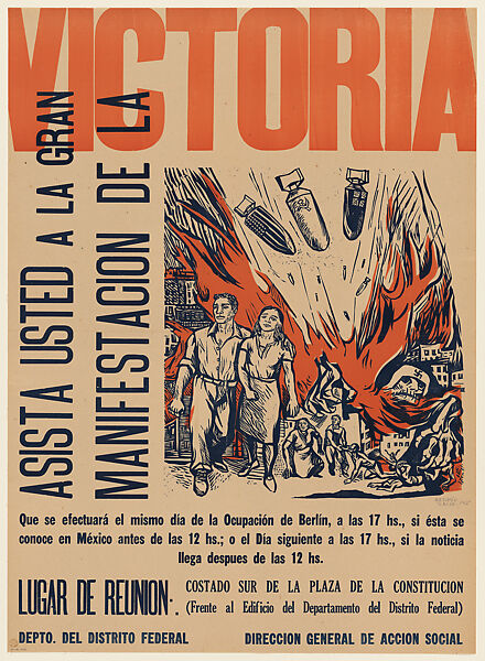 Poster celebrating the victory of defeating the Nazis; bombs with British, Soviet and American insignia rain down, a Nazi skeleton crawls from the flames, Alfredo Zalce (Mexican, Pátzcuaro, Michoacán 1908–2003 Morelia), Linocut and letterpress printed in black and orange, backed with linen 