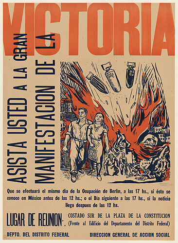 Poster celebrating the victory of defeating the Nazis, bombs with British, Soviet and American insignia rain down and a Nazi skeleton crawls from the flames
