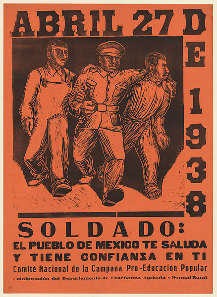 Poster relating to solidarity, a soldier and two workers walking together, ? Alfredo Zalce (Mexican, Pátzcuaro, Michoacán 1908–2003 Morelia), Linocut and letterpress printed on pink paper, backed with linen 