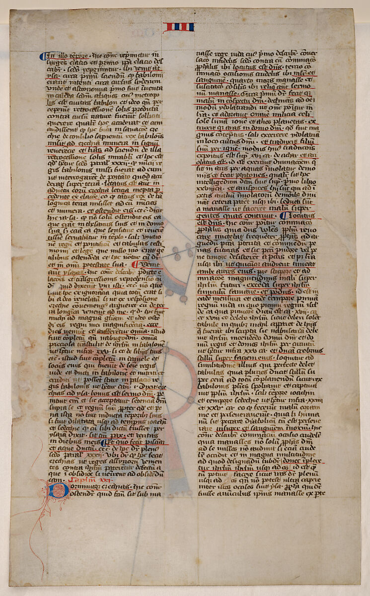 Sundial of Ahaz, leaf from the Postilla Litteralis (Literal Commentary) of Nicholas of Lyra, Opaque watercolor, iron-gall ink and gold on vellum, French
