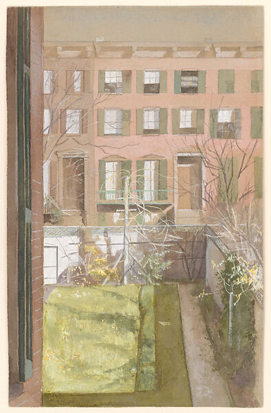 Garden View, Brooklyn, Fidelia Bridges (American, Salem, Massachusetts 1834-1923 Canaan, Connecticut), Watercolor and gouache, with traces of graphite under-drawing, on tan, hot-pressed wove paper, American 