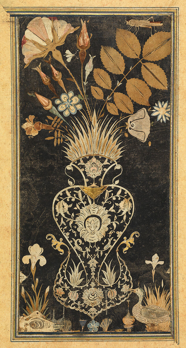 Album Page with Decoupe Vase of Flowers, Insects, and Birds, Muhammad Hasan, Gouache on black paper with colored and white decoupage
