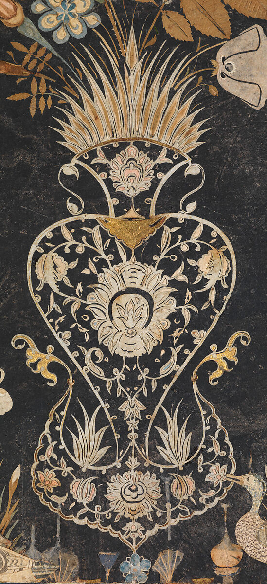 Album Page with Decoupe Vase of Flowers, Insects, and Birds, Muhammad Hasan, Gouache on black paper with colored and white decoupage