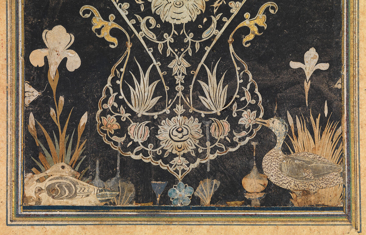 Album Page with Decoupe Vase of Flowers, Insects, and Birds, Muhammad Hasan, Gouache on black paper with colored and white decoupage