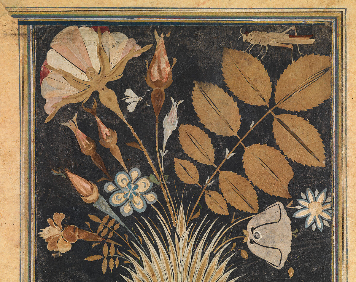 Album Page with Decoupe Vase of Flowers, Insects, and Birds, Muhammad Hasan, Gouache on black paper with colored and white decoupage