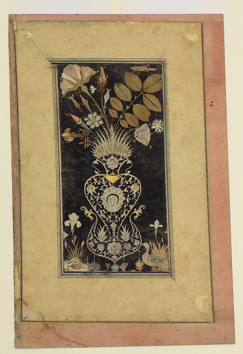 Album Page with Decoupe Vase of Flowers, Insects, and Birds, Muhammad Hasan, Gouache on black paper with colored and white decoupage