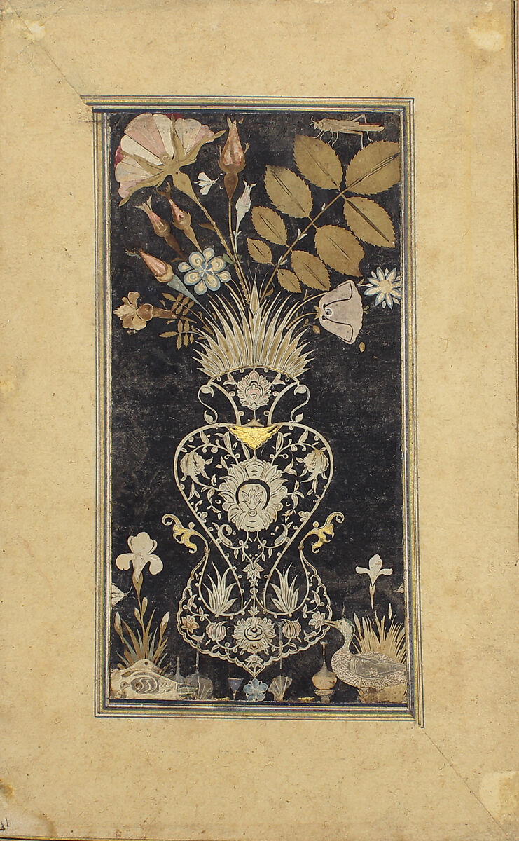 Album Page with Decoupe Vase of Flowers, Insects, and Birds, Muhammad Hasan, Gouache on black paper with colored and white decoupage