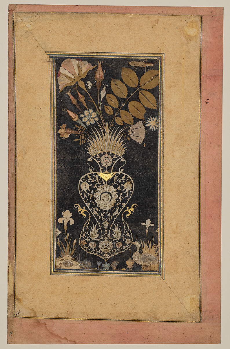 Album Page with Decoupe Vase of Flowers, Insects, and Birds, Muhammad Hasan, Gouache on black paper with colored and white decoupage