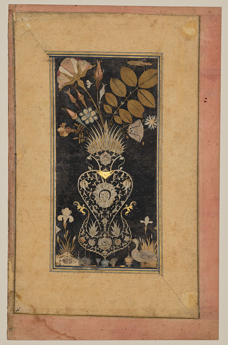 Album Page with Decoupe Vase of Flowers, Insects, and Birds, Muhammad Hasan, Gouache on black paper with colored and white decoupage 