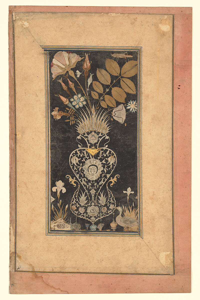 Album Page with Decoupe Vase of Flowers, Insects, and Birds, Muhammad Hasan, Gouache on black paper with colored and white decoupage