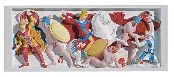 Reconstruction of one side of the so-called Alexander Sarcophagus, with a battle between Greeks and Persians Variant A, Vinzenz Brinkmann, Synthetic material, natural pigments in egg tempera 