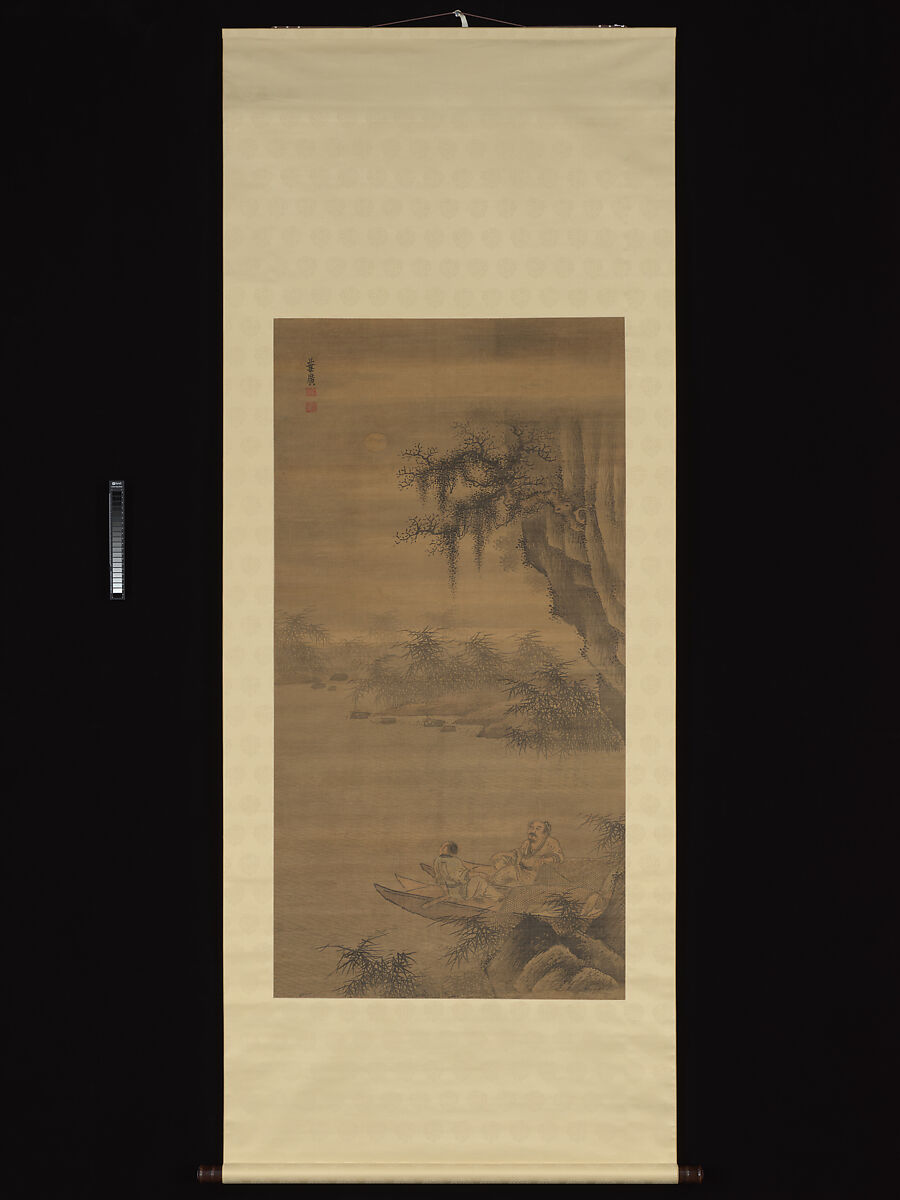Fisherman viewing the moon, Ye Guang (Chinese, active late 16th–early 17th century), Hanging scroll; ink and color on silk, China