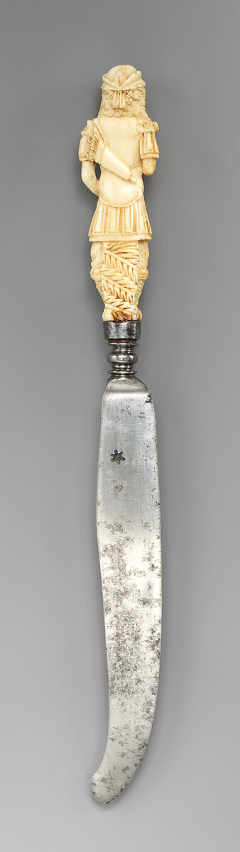 Knife with carved handle in the form of Apollo, Steel, ivory, Dutch or British