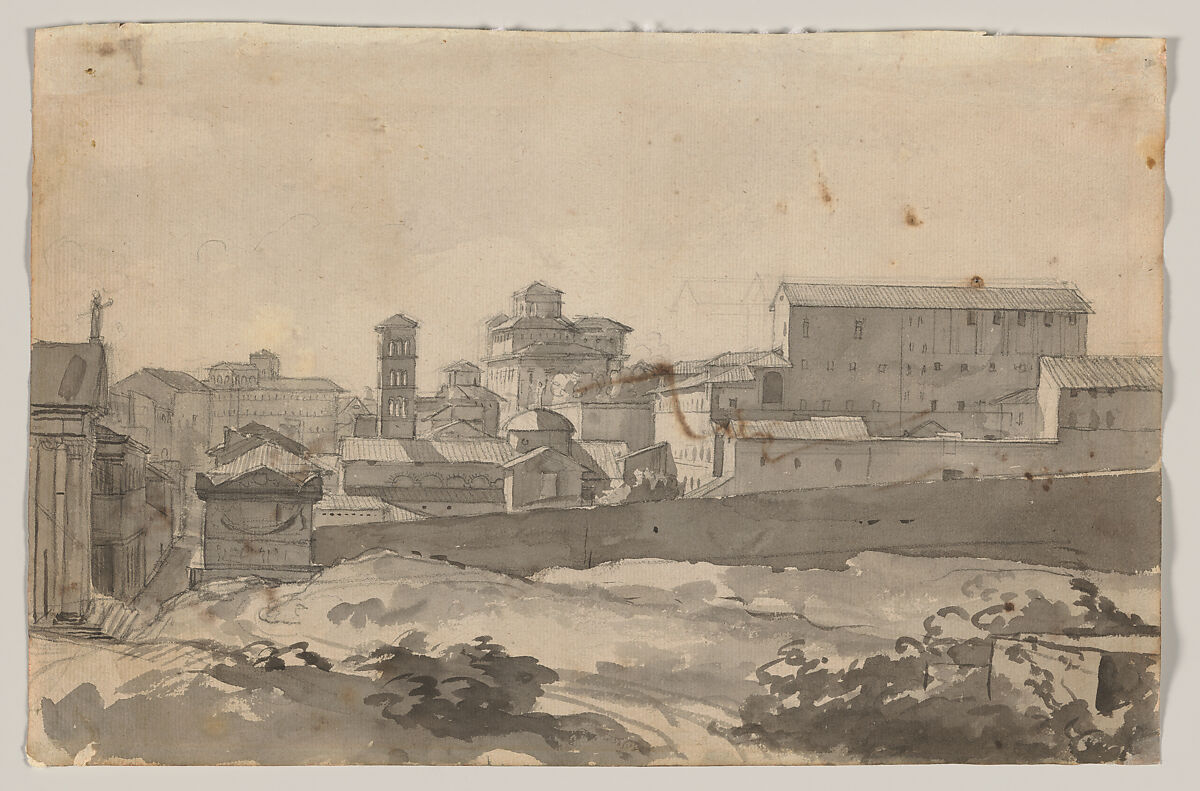 View of Rome (recto); A Woman's Head In Profile (verso), baron François Gérard  French, Black chalk, brush and gray wash (recto); pen and iron gall ink (verso)