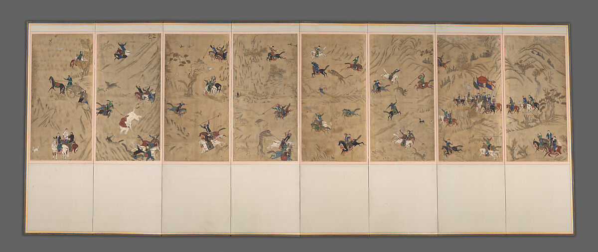 Hunting Screen, Unidentified artists  , Korean, Eight-panel folding screen, ink and color on paper, Korea 