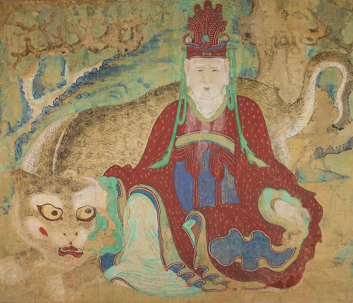 Mountain god with tiger, Unidentified artist  , Korean, Framed painting; ink and color on silk, Korea