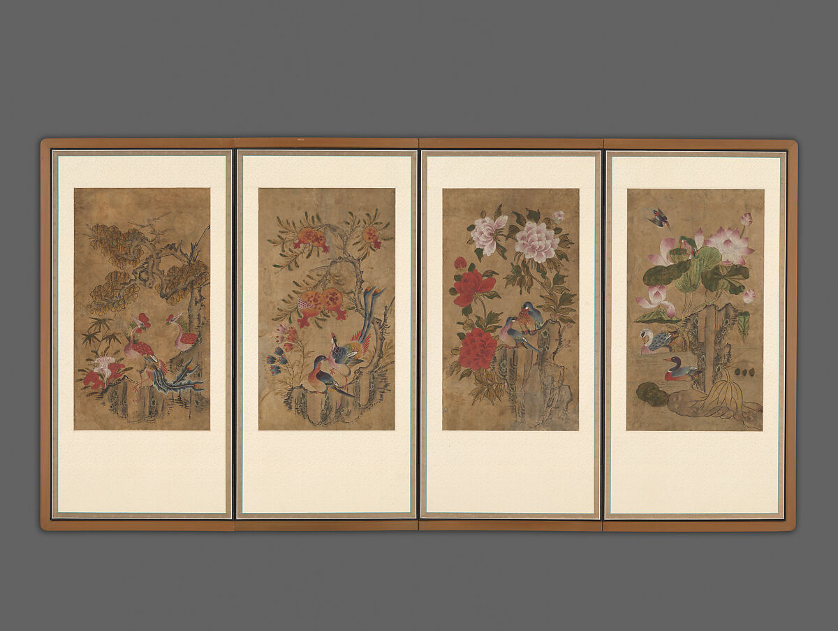 Birds and Flowers, Unidentified artist, Eight-panel screen mounted as two sets of four panels; ink and color on paper, Korea