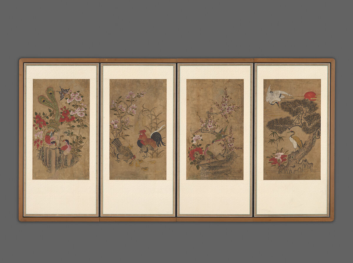 Birds and Flowers, Unidentified artist, Eight-panel screen mounted as two sets of four panels; ink and color on paper, Korea 