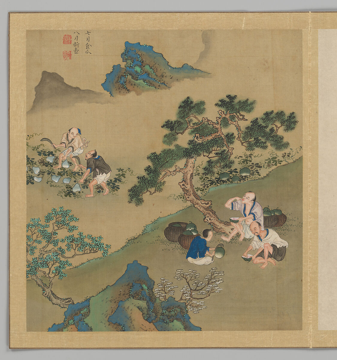 Odes of the State of Bin: The Seventh Month, Fei Qinghu (Fei Zhaoyang) (Chinese, active late 18th--early 19th century), Album of twenty leaves; ink and color on silk, China