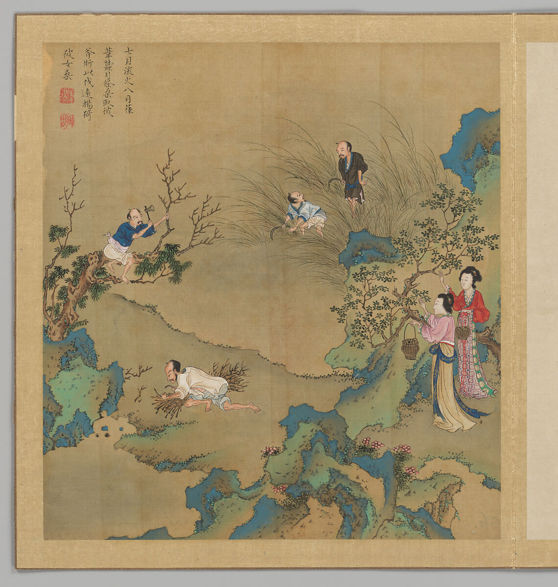 Odes of the State of Bin: The Seventh Month, Fei Qinghu (Fei Zhaoyang) (Chinese, active late 18th--early 19th century), Album of twenty leaves; ink and color on silk, China