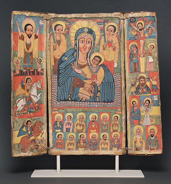 Triptych with the Virgin and Child, the Archangels Michael and Gabriel, Saints, and Scenes from the Life of Christ, Tempera on linen, mounted on wood and bound with cord, Ethiopian (Ethiopia) 