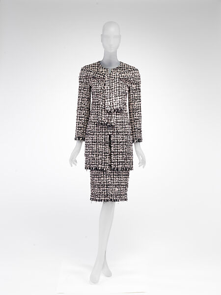 Ensemble, House of Chanel (French, founded 1910), wool, silk, metal, glass, enamel, French 