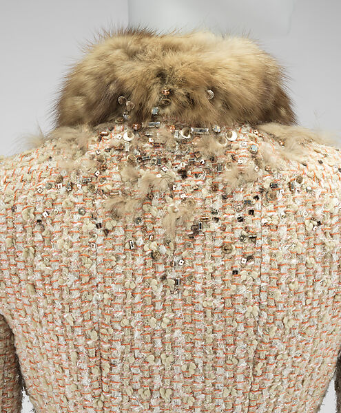 Ensemble, House of Chanel (French, founded 1910), wool, silk, fur (fox) , plastic, glass, metal, French