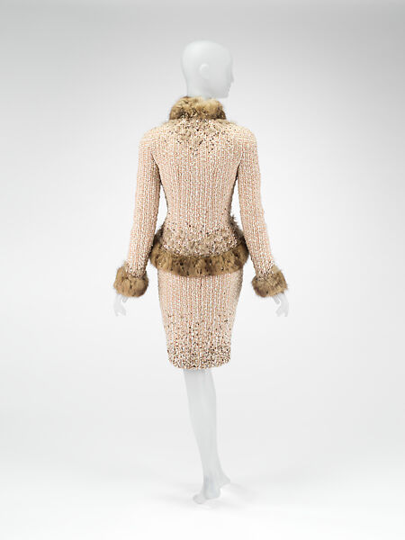 Ensemble, House of Chanel (French, founded 1910), wool, silk, fur (fox) , plastic, glass, metal, French