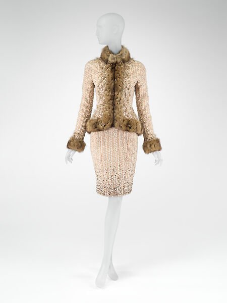 Ensemble, House of Chanel (French, founded 1910), wool, silk, fur (fox) , plastic, glass, metal, French 
